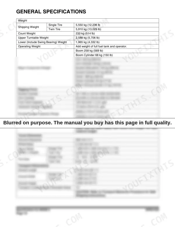 Yanmar B55W-2 general specifications table including weights, digging forces, capacities, and travel dimensions.