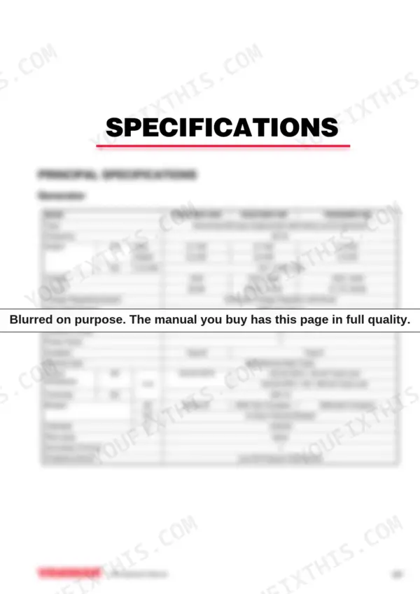Yanmar YDG2700EV-6EH, YDG3700EV-6EI, YDG5500EV-6EI generator principal specifications table including output, voltage, and breaker data.