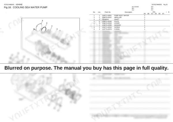 Yanmar 4JH4AE cooling sea water pump exploded view diagram and parts list with component numbers and descriptions.