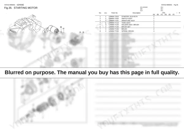 Yanmar 4JH4AE starting motor exploded view diagram and parts list with component numbers 1-28 for electrical system.