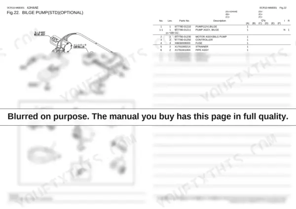 Yanmar 4JH4AE bilge pump exploded view diagram and parts list including motor, controller, strainer, and impeller components.