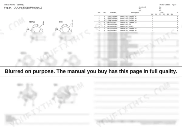 Yanmar 4JH4AE optional coupling parts diagram and table for KM35P, KM4A1, and ZF30M marine transmission models.