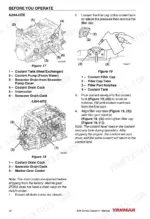 d7ecca7d-b-operations-44 Yanmar 3JH4E, 4JH4AE, 4JH4-TE, 4JH4-HTE, JH4 series coolant system drain and filling procedure diagrams.