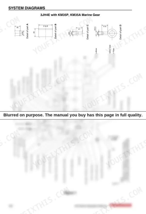 Yanmar 3JH4E, 4JH4AE, 4JH4-TE, 4JH4-HTE, JH4 series fuel and cooling system piping diagram with component details.