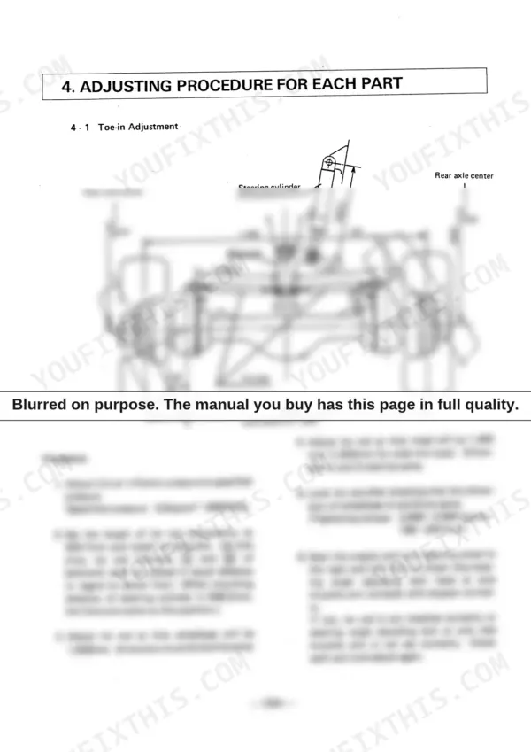 Yanmar YB401W, Wheel Backhoe toe-in adjustment procedure diagram showing steering cylinder, bellcrank, and tie rod components.