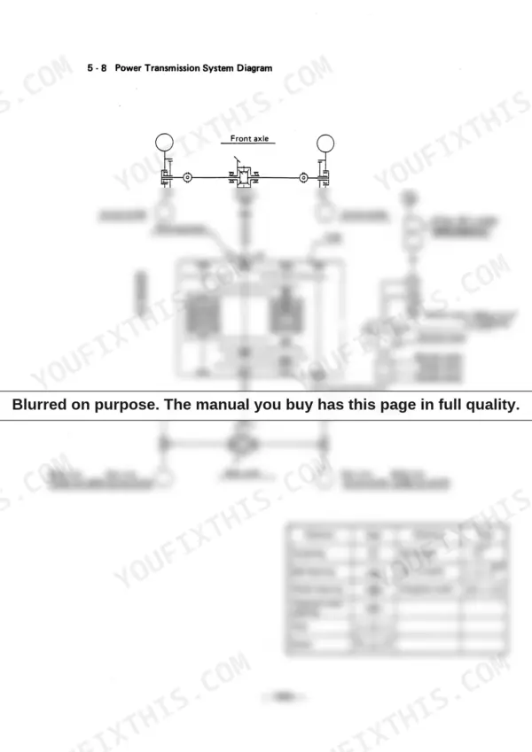 Yanmar YB401W, Wheel Backhoe power transmission system diagram showing axles, parking brake, traveling motor, and component legend.