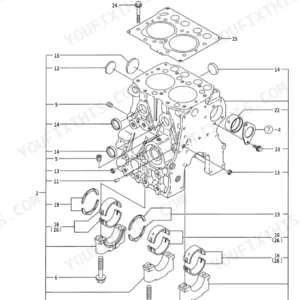 Yanmar TB108 2TNE68-ETBA, TB108, 2TNE68-ETBA exploded view diagram of the engine cylinder block and main bearings.