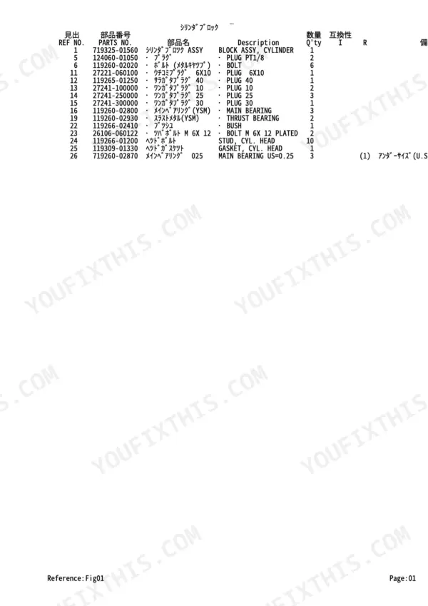 Yanmar TB108 2TNE68-ETBA, TB108, 2TNE68-ETBA parts list for cylinder block assembly, including plugs, bearings, and bolts.