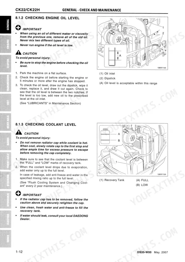 Daedong CK22, CK22H service manual page showing procedures for checking engine oil and coolant levels with diagrams.