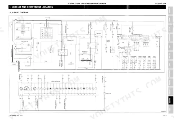 Daedong CK22, CK22H electric system circuit diagram showing alternator, starter, engine stop solenoid, and combimeter.