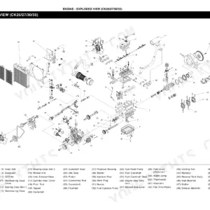 Daedong CK25/27/30/35, CK25H/27H/30H/35H engine exploded view diagram showing cylinder block, radiator, and components.