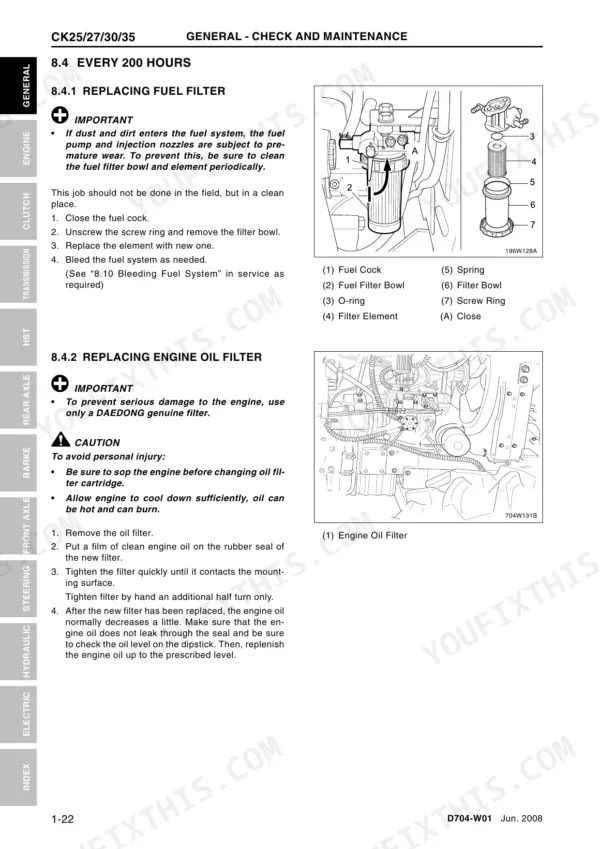Daedong CK25/27/30/35, CK25H/27H/30H/35H fuel and engine oil filter replacement maintenance procedures and diagrams.
