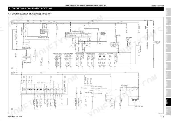 Daedong CK25/27/30/35, CK25H/27H/30H/35H electric system circuit diagram showing starter, lighting, and meter cluster.
