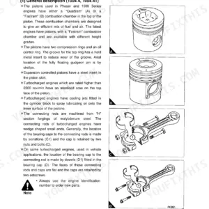 Daedong DK 75, DK 80, DK 90 Tractors: Piston and connecting rod assembly diagrams and technical descriptions.