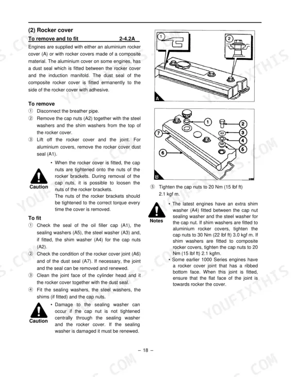 Daedong DK 75, 80, 90 Tractors rocker cover removal, installation, and torque specification procedures.
