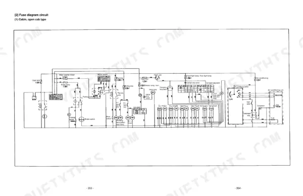 Daedong DK 75, 80, 90 Tractors cabin fuse circuit wiring diagram showing lighting, wiper, and AC components.