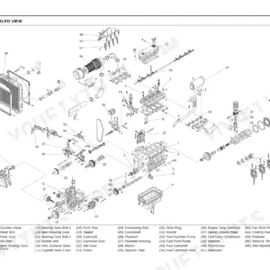 Daedong DK45S, DK451 engine exploded view diagram showing cylinder block, head, crankshaft, and cooling components.