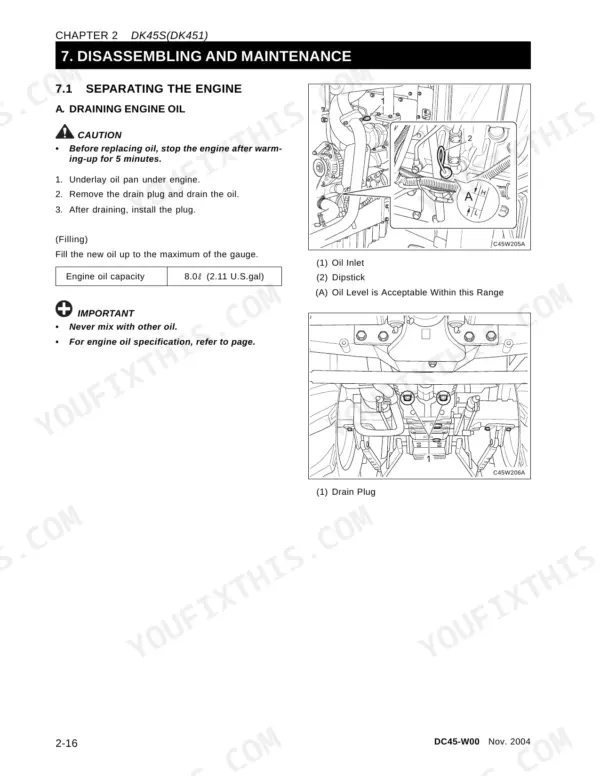 Daedong DK45S, DK451 engine oil draining and filling procedure with dipstick and drain plug location diagrams.