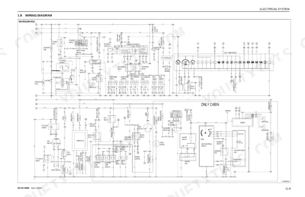Daedong DK45S, DK451 electrical system wiring diagram including cabin components, relays, switches, and lighting circuits.