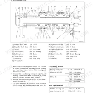 Daedong DK65 transmission 20 gear shaft disassembly diagram, parts list, tightening torque table, and specifications.