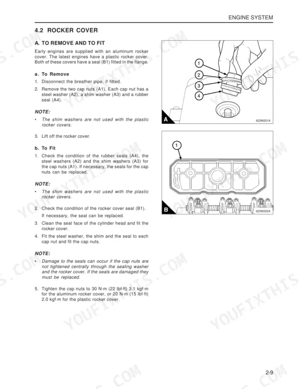 Daedong DK65 engine rocker cover removal and installation procedure with diagrams of cap nut assembly and cover seal.