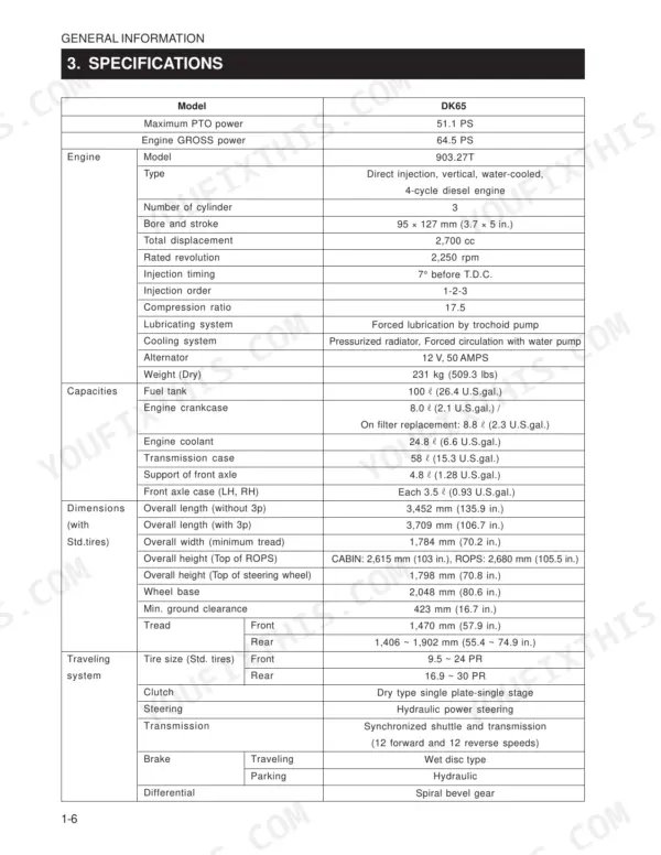 Daedong DK65 technical specifications table including engine, capacities, dimensions, and traveling system data.