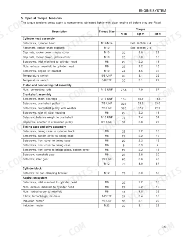 Daedong DK65 engine system special torque tension specifications table for cylinder head, crankshaft, and timing case.
