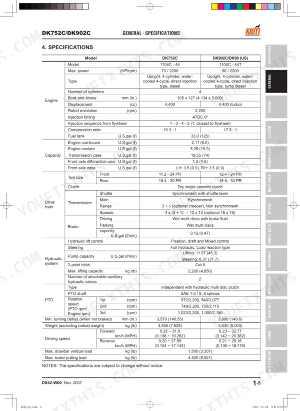 Daedong DK752C/DK902C general specifications table covering engine, capacity, drive train, hydraulic system, and PTO data.