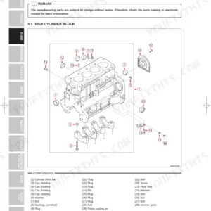 Daedong DX7510, DX9010, DX100 engine exploded view diagram showing the cylinder block components and assembly parts.
