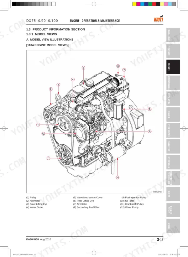 Daedong DX7510, DX9010, DX100 engine model view diagram showing 1104 engine components like oil filter and water pump.