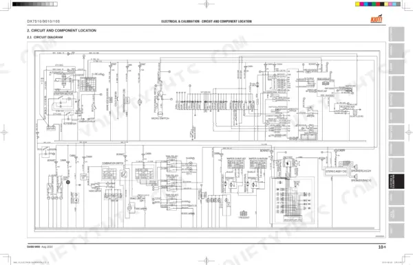 Daedong DX7510, DX9010, DX100 electrical circuit diagram showing alternator, starter, relays, and cabin components.
