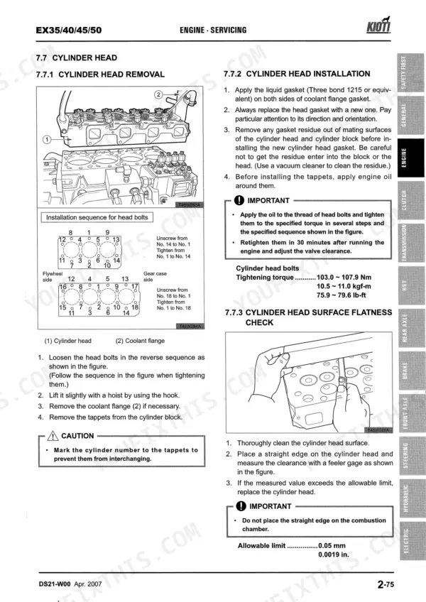 Daedong EX35, EX40, EX45, EX50 cylinder head removal, installation, bolt tightening sequence, and flatness check procedures.