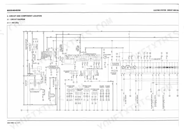 Daedong EX35, EX40, EX45, EX50 HST electrical circuit diagram showing battery, starter, lighting, and combination meter.