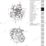 Daedong FX751 engine external views diagram showing 4CG1T engine components like turbocharger, fuel pump, and alternator.