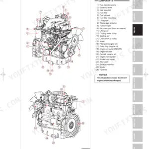 Daedong FX751 engine external views diagram showing 4CG1T engine components like turbocharger, fuel pump, and alternator.