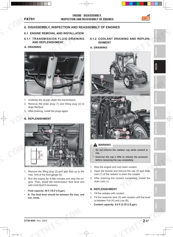 Daedong FX751 engine manual: procedures for draining and replenishing transmission fluid and engine coolant.