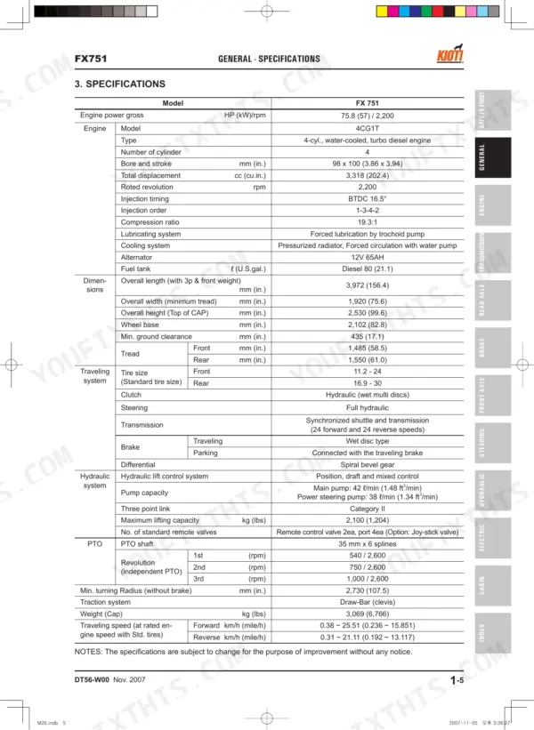 Daedong FX751 tractor general specifications table including engine, dimensions, hydraulic system, and PTO data.