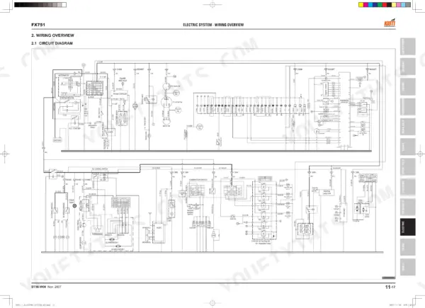 Daedong FX751 electric system wiring diagram showing alternator, starter, relays, switches, and lighting circuits.