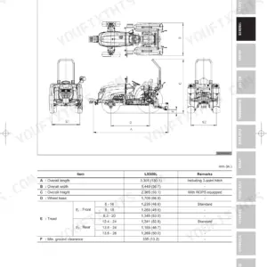 Daedong LX500L tractor dimensions diagram and specifications table for length, width, height, wheelbase, tread, and clearance.