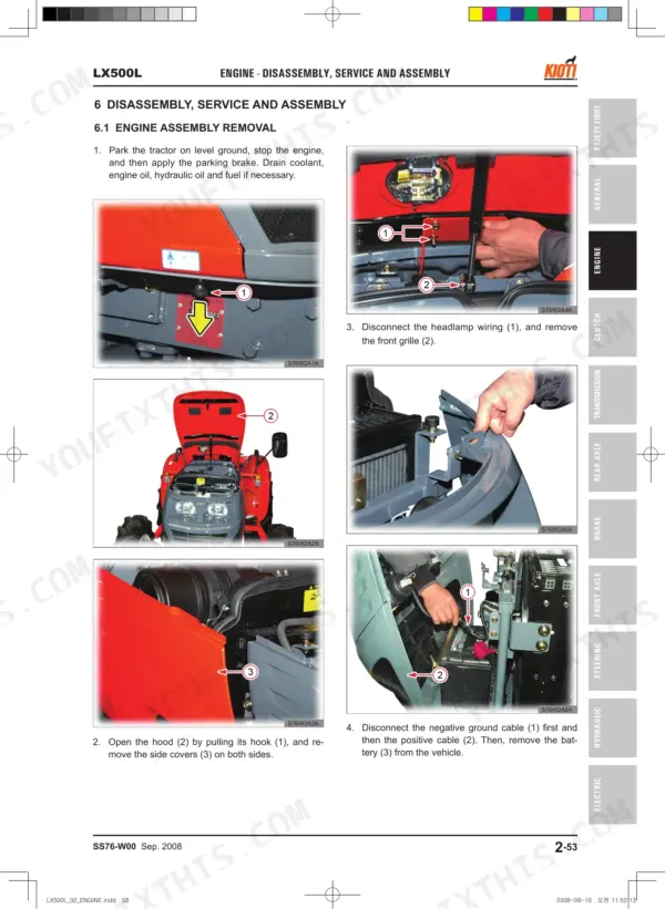 Daedong LX500L engine assembly removal procedure showing hood, grille, and battery disconnection steps.