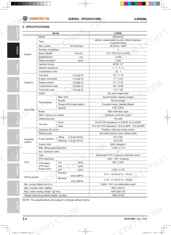 Daedong LX500L general specifications table including engine, capacity, drive train, hydraulic system, and PTO data.