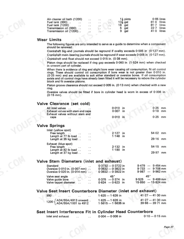 David Brown 990, 1200 Selectamatic engine wear limits, valve clearances, and spring specs table.