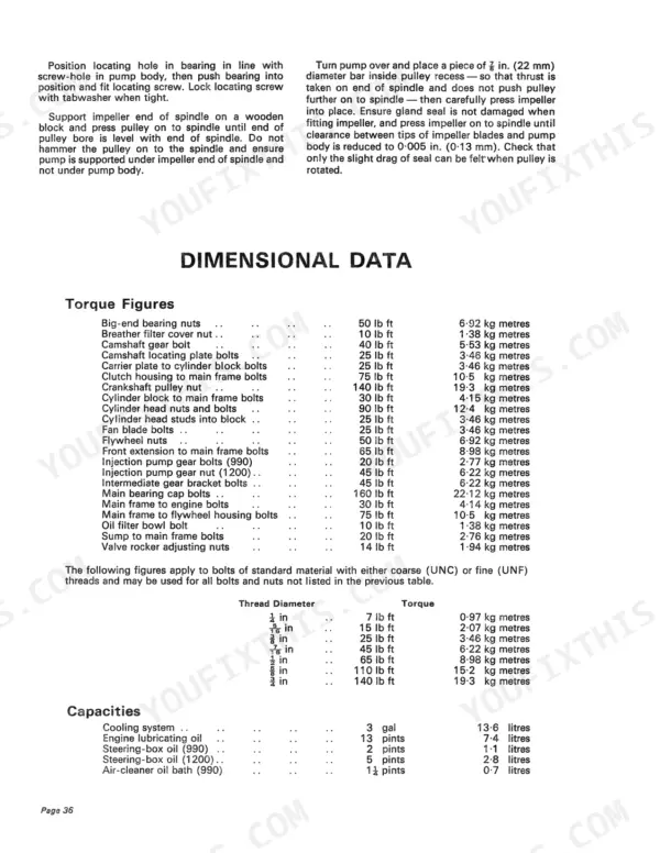 David Brown 990, 1200 Selectamatic torque specifications and fluid capacities table.