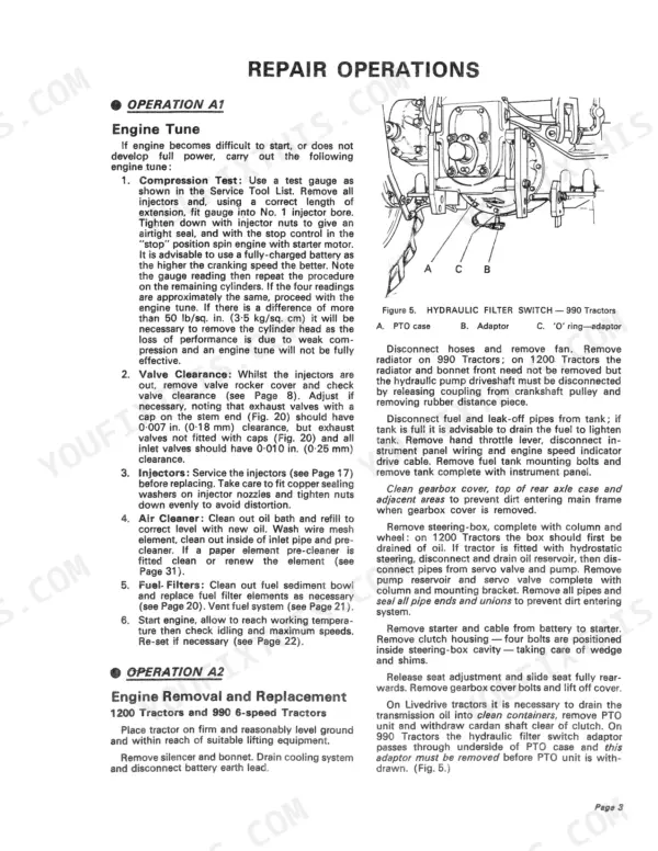David Brown 1200 and 990 Selectamatic repair manual: engine tune procedures, valve clearance specs, and hydraulic filter switch diagram.