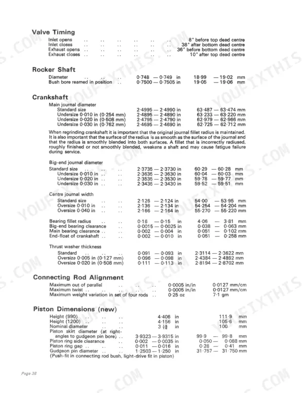 David Brown 1200, 990 Selectamatic tractor specs for valve timing, rocker shaft, crankshaft, connecting rod, and piston dimensions.