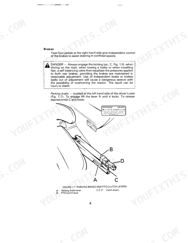 David Brown 1210, 1210 4WD, 1212, 1212 Tractors brake and PTO clutch lever operation diagram and safety instructions.