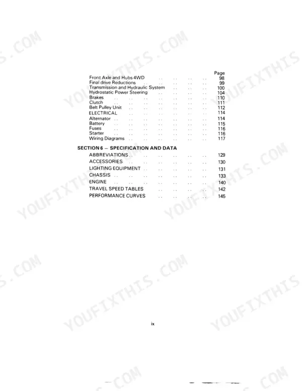 David Brown 1210, 1210 4WD, 1212, 1212 Tractors manual table of contents page listing axle, electrical, and specs.