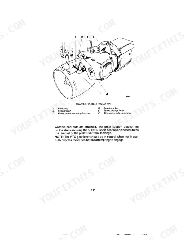 David Brown 1210, 1210 4WD, 1212, 1212 Tractors belt pulley unit diagram, components, and engagement instructions.