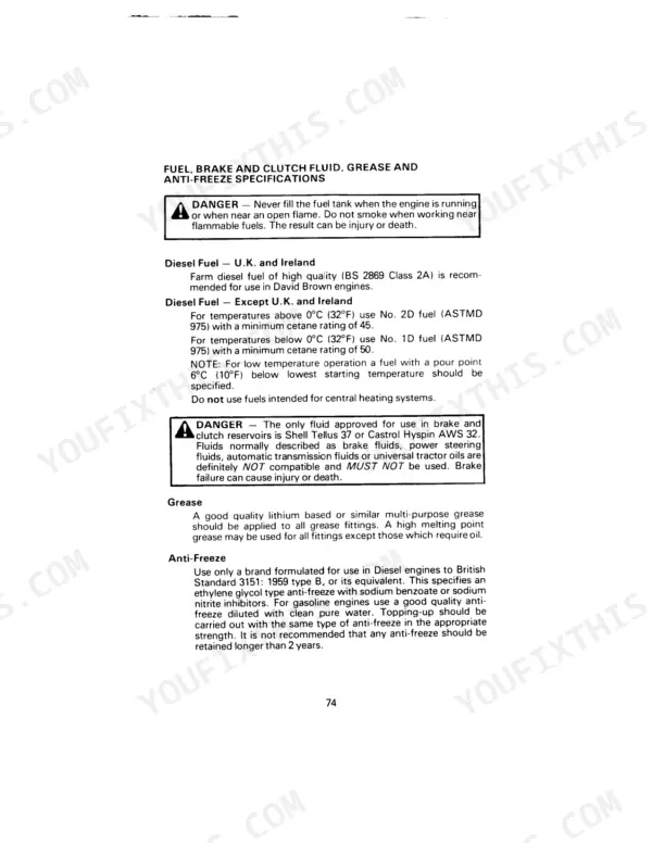 David Brown 1210, 1210 4WD, 1212, 1212 Tractors fuel, brake, clutch fluid, grease, and anti-freeze specifications page.