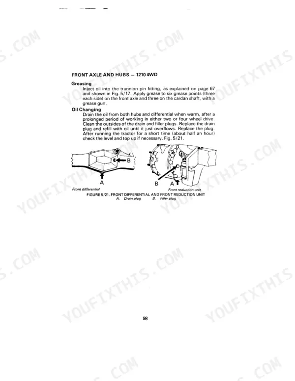 David Brown 1210, 1210 4WD, 1212, 1212 Tractors: Front axle greasing and oil change procedures for differential and hubs.